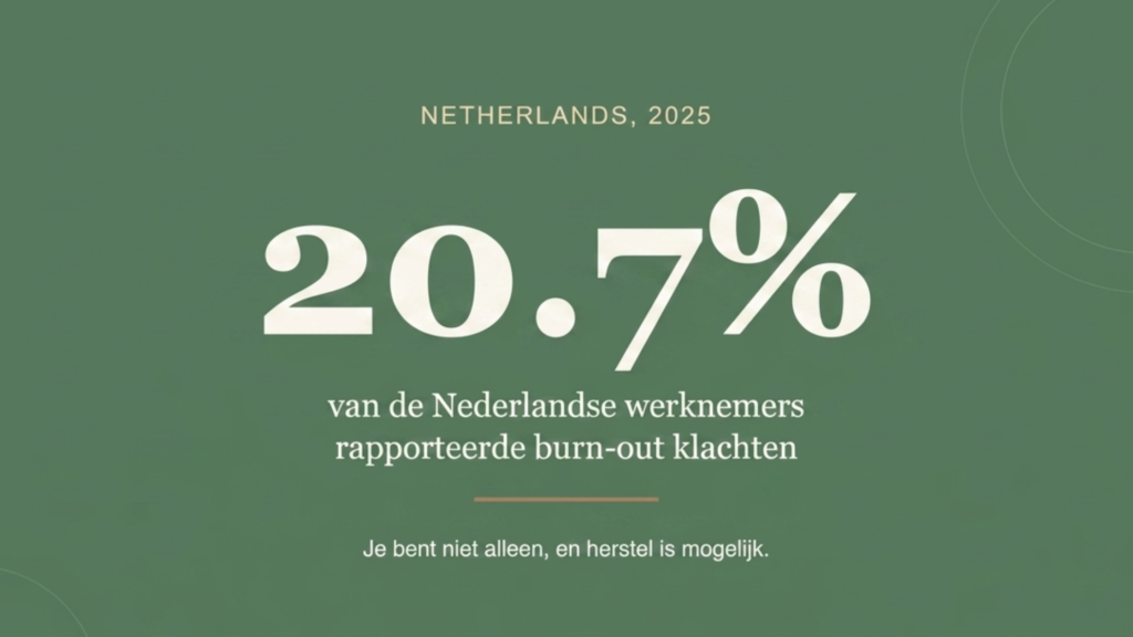 Infographic met de tekst 20.7% van de Nederlandse werknemers rapporteerde burn-out klachten op een groene achtergrond van Nura Coaching