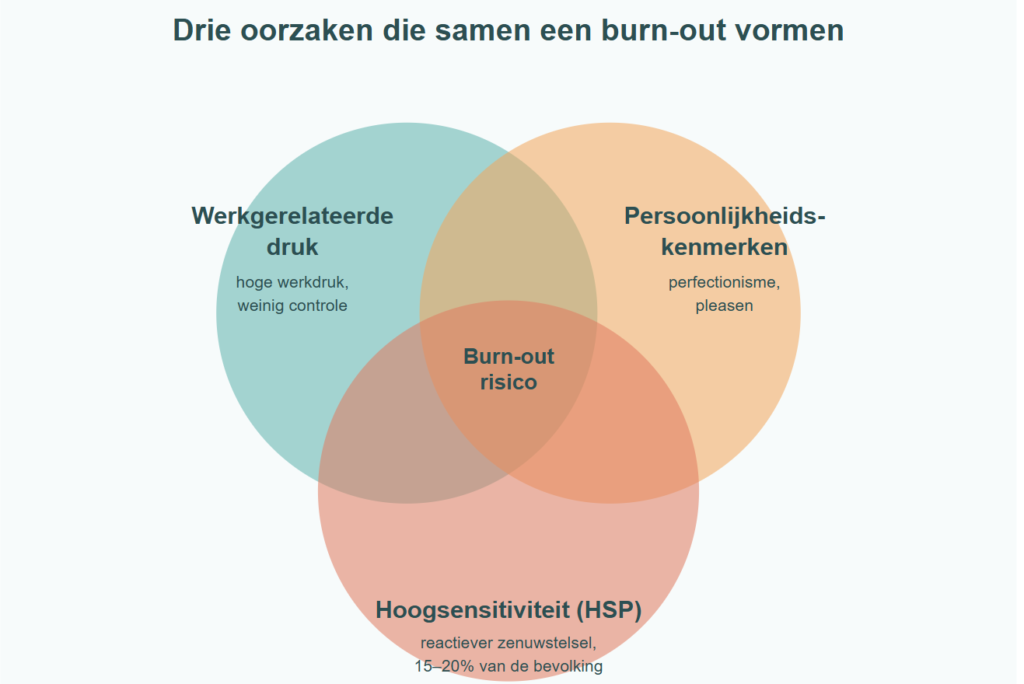 Venn-diagram van drie oorzaken van burn-out werkdruk, persoonlijkheid, HSP